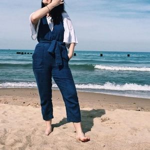Free People Belted Denim Jumpsuit